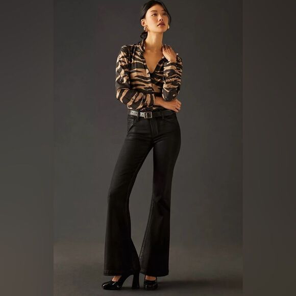 NWT Paige Genevieve Black Fog Luxe Coating Flare Pants Size 28 - Picture 2 of 15